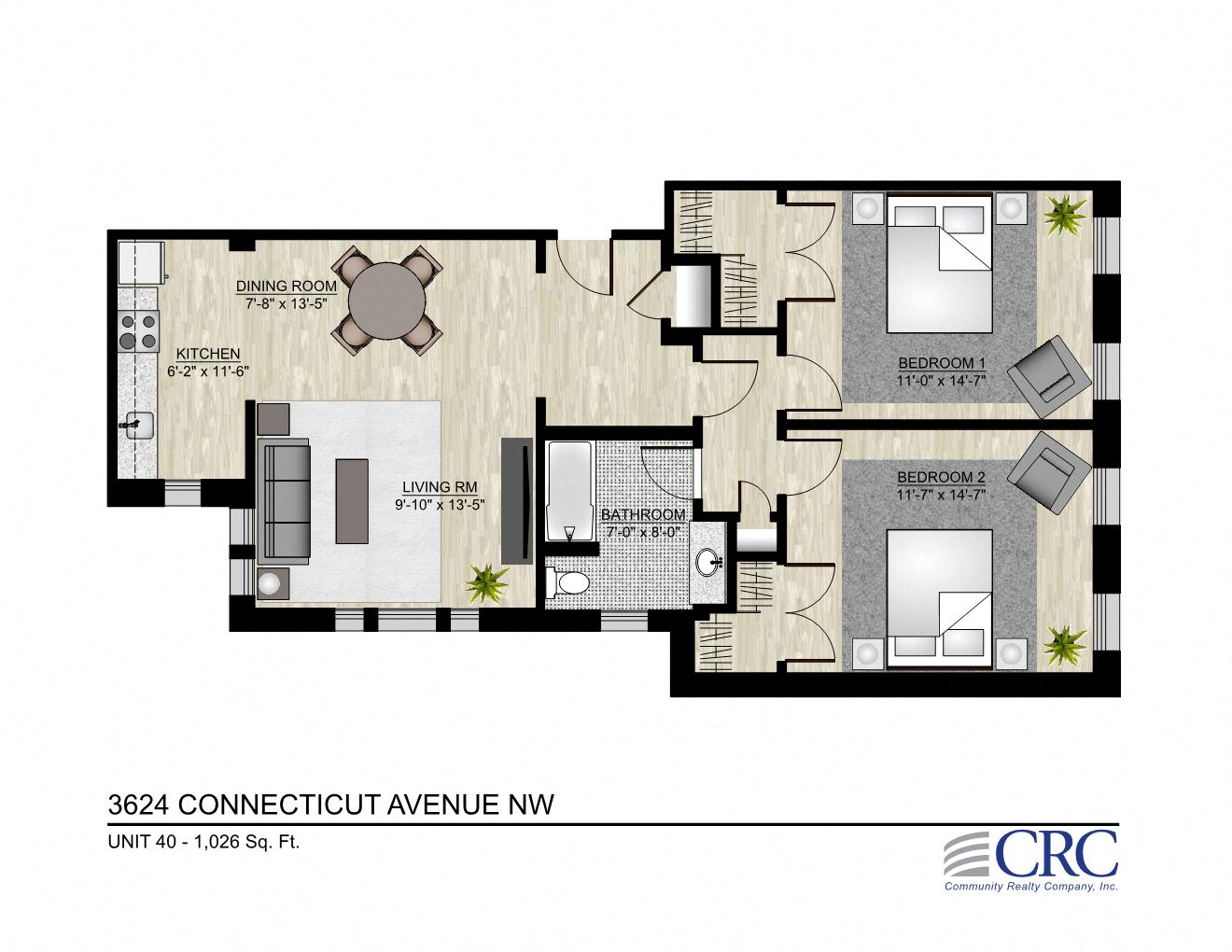 Floor plan for 2 beds, 1 bath, 1026 sqft